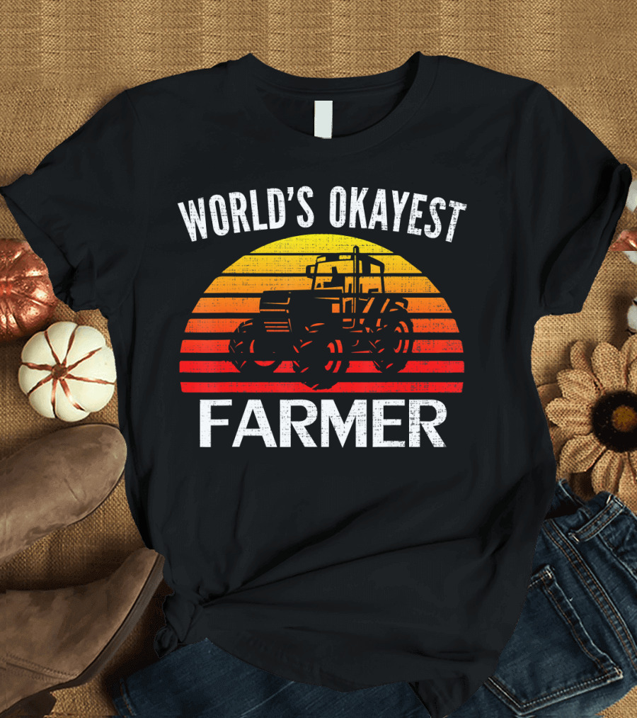 World's Okayest Farmer Vintage Retro Sunset Tractor T-Shirt