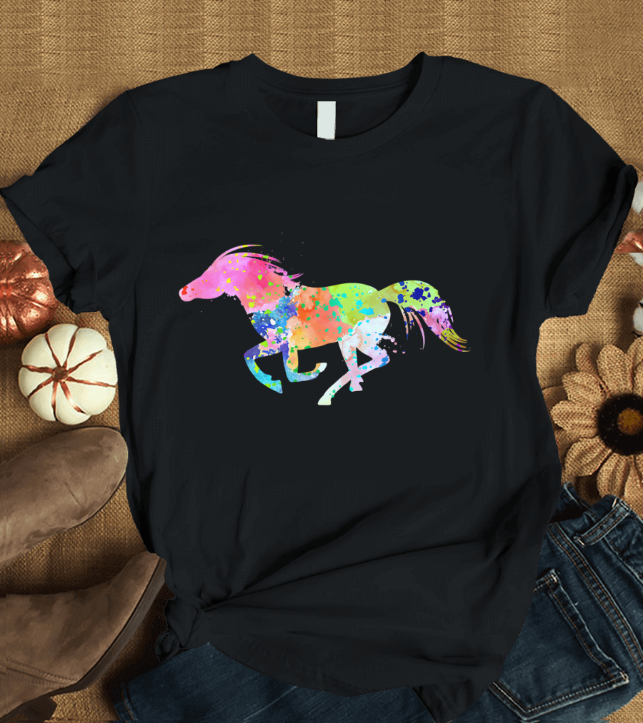 Galloping Horse Equestrian Watercolor Splatter T-Shirt