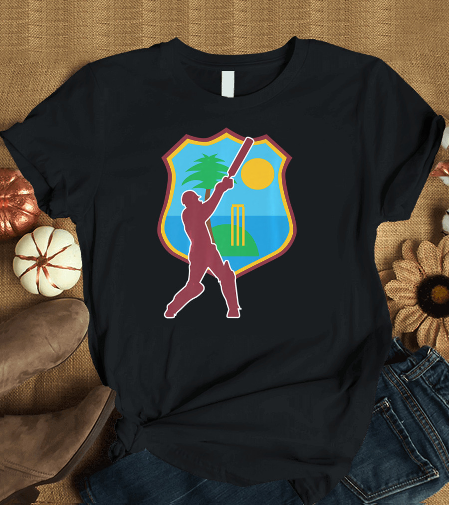 West Indies Cricket Crest with Batsman Silhouette and Palm Tree Sun T-Shirt