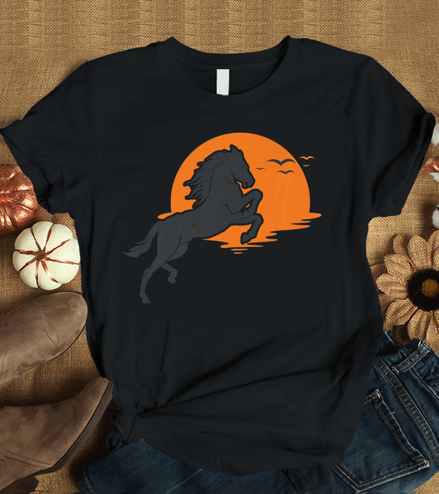 Wild Black Horse Stallion with Sunset Background and Flying Birds T-Shirt