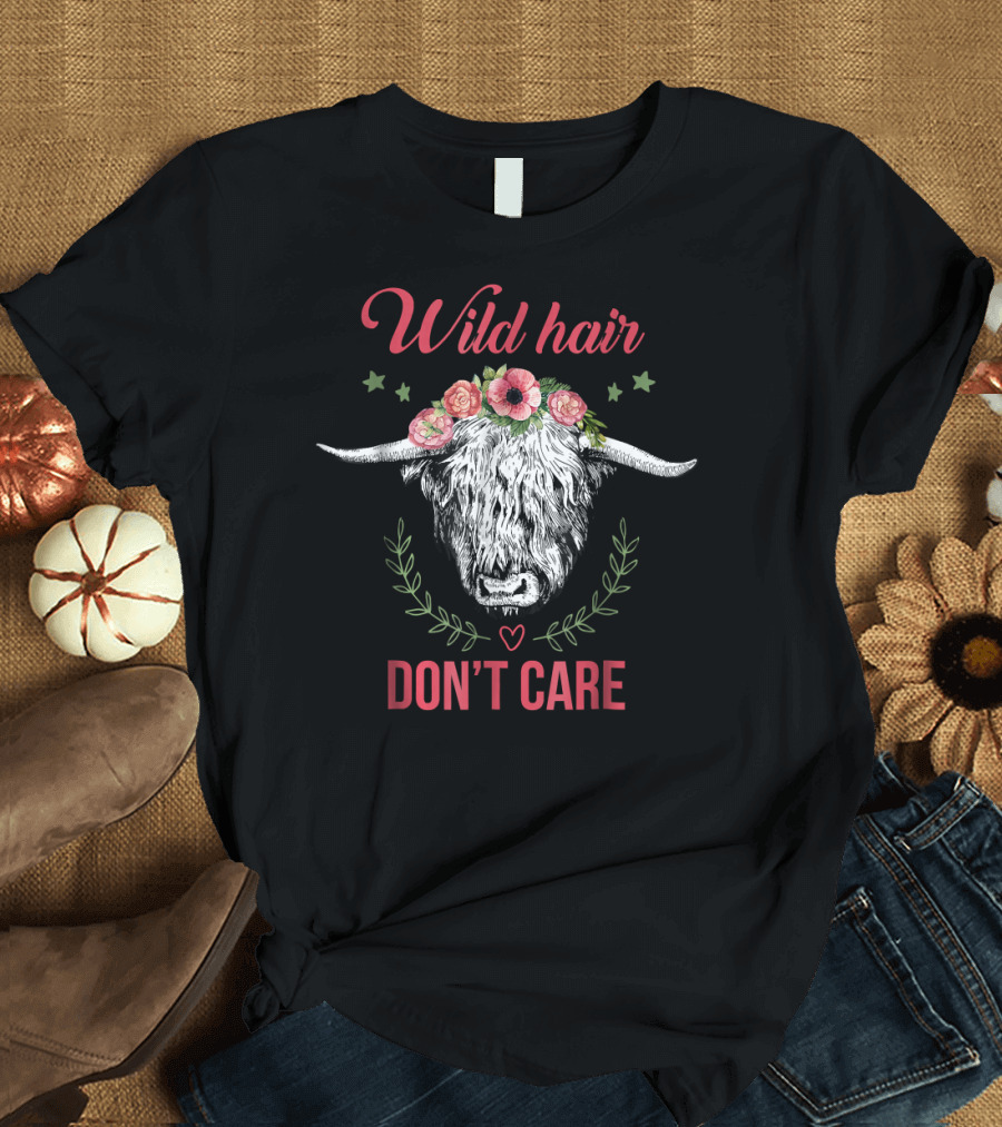 Wild Hair Don't Care Floral Scottish Highland Cow T-Shirt