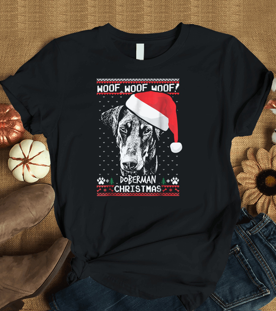 Woof Woof Woof Doberman Christmas Santa Hat T-Shirt