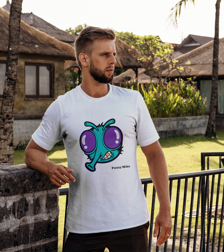 Funny Mike Alien Cartoon Face With Large Purple Eyes And Grinning Expression T-Shirt