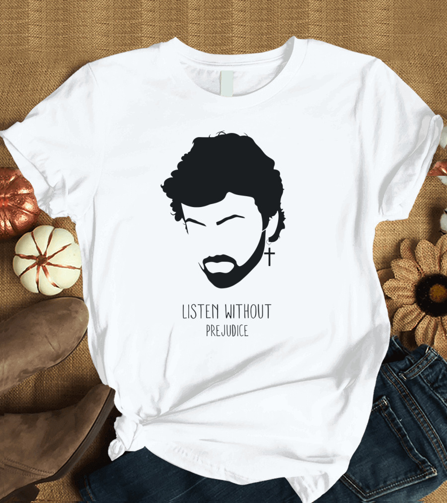Listen Without Prejudice Graphic with Cross Earring T-Shirt