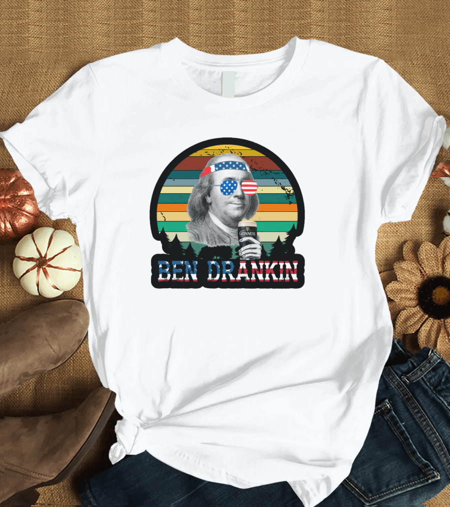 Ben Drankin American Patriotic Sunglasses Benjamin Franklin with Beer and Stripes T-Shirt