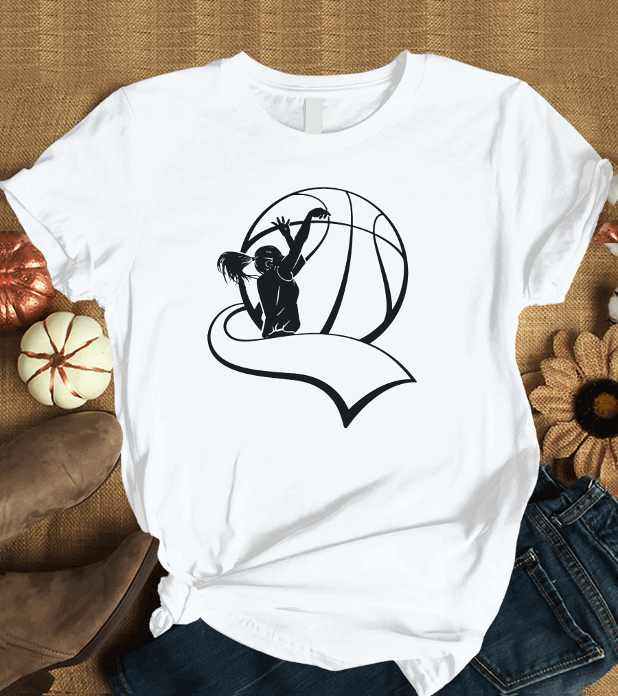 Girls Basketball Player Shooting with Large Basketball T-Shirt
