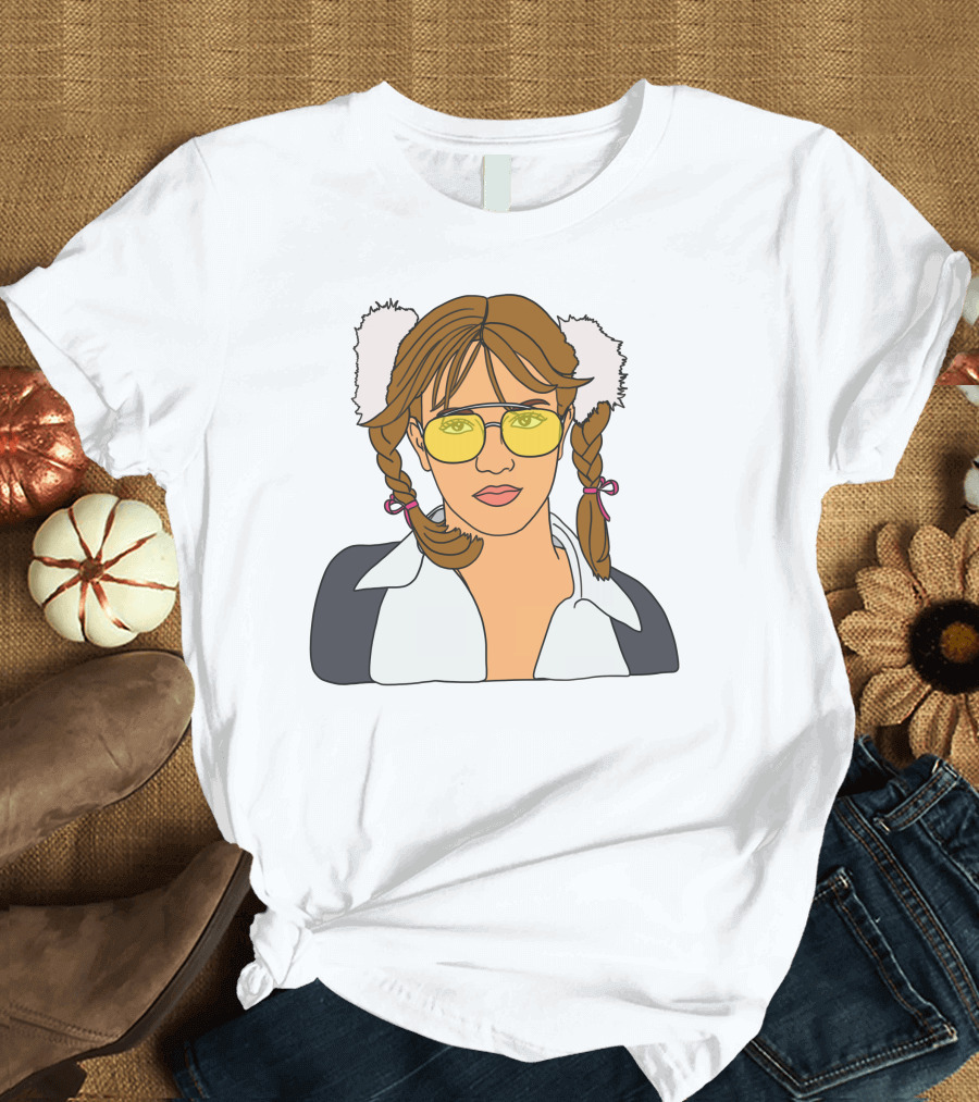 Britney Spears Iconic Schoolgirl Look with Yellow Glasses and Braids T-Shirt