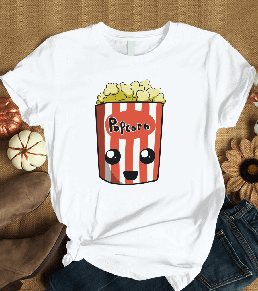 Popcorn Box Cute Kawaii Face Red White Stripes T-Shirt