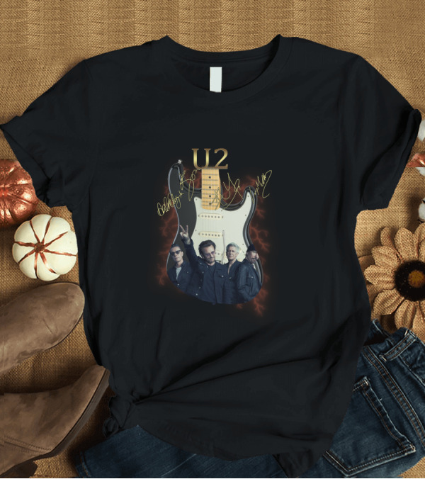 T-Shirt: U2 Signed Electric Guitar with Band Image T-Shirt U2 Signed Electric Guitar with Band Image T-Shirt
