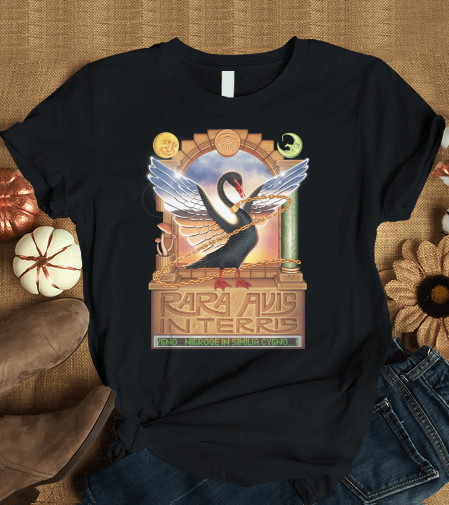 Rara Avis in Terris Black Swan with Chains and Wings Retro Symbolism T-Shirt