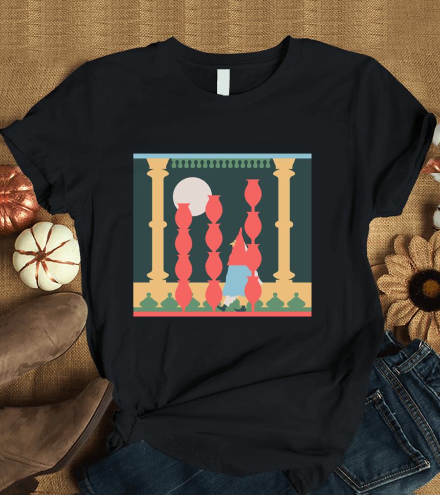 Night Music Moonlit Balcony Scene with Red Vases and Silhouetted Figures T-Shirt