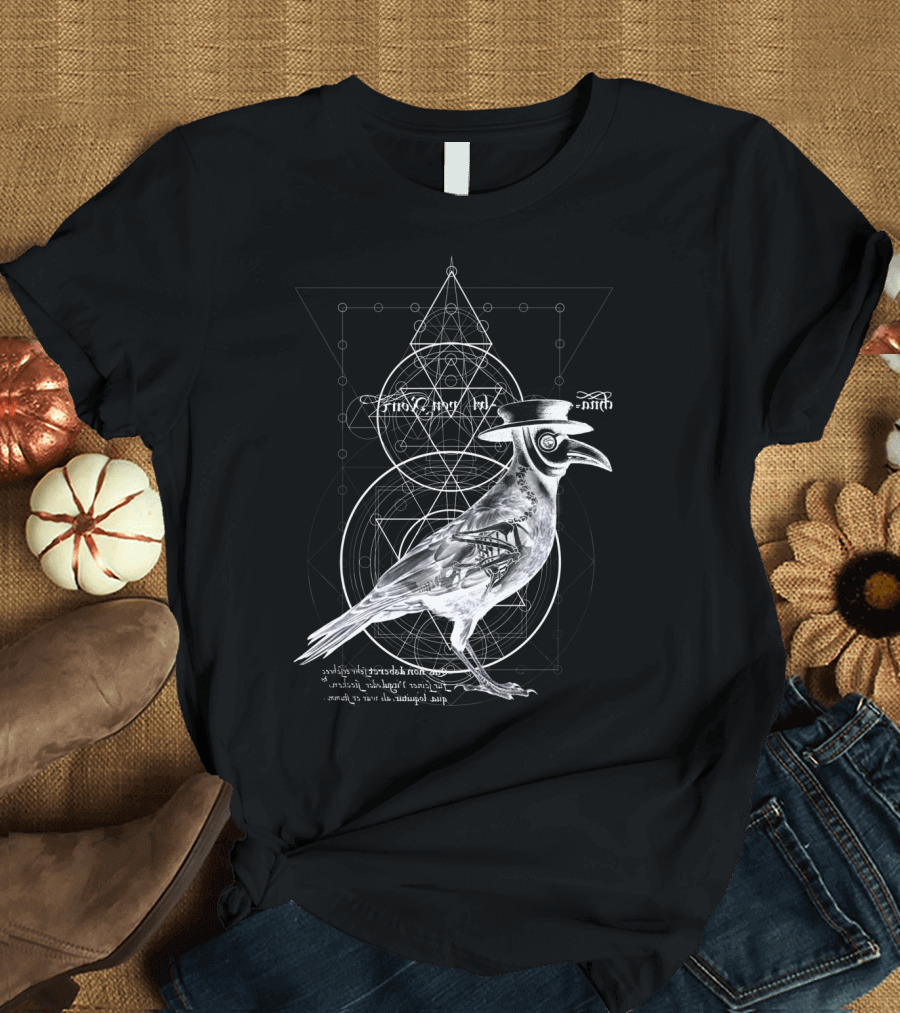 The Raven Dark Geometric Plague Doctor Raven with Esoteric Symbols T-Shirt