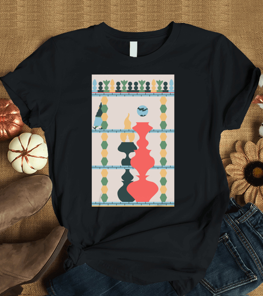 Tropical Geometric Pattern with Vase and Flame Elements T-Shirt