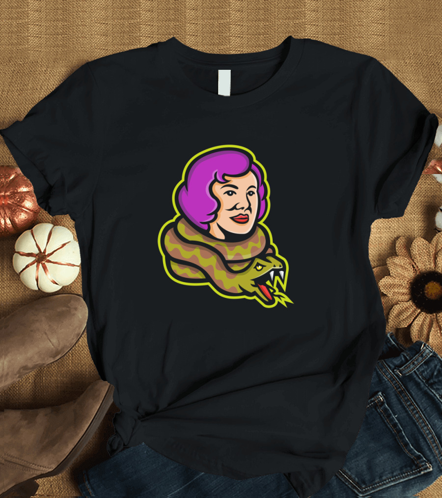 Circus Freak Snake Lady Artwork with Purple-Haired Woman and Coiled Snake T-Shirt