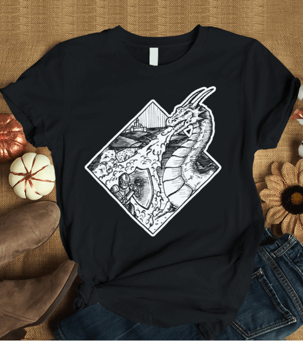 T-Shirt: Dragon Breathing Fire at Shielded Knight in Medieval Castle Battle Scene T-Shirt Dragon Breathing Fire at Shielded Knight in Medieval Castle Battle Scene T-Shirt
