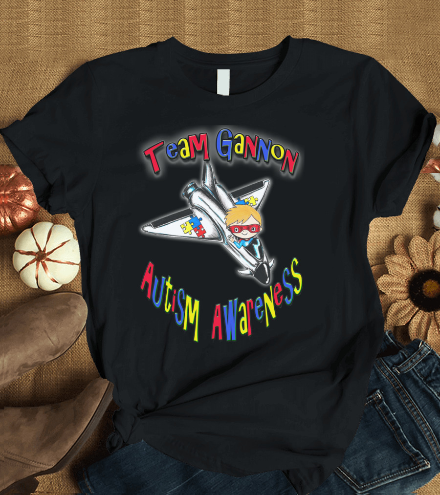 Team Gannon Autism Awareness Puzzle Plane with Child Superhero Pilot T-Shirt