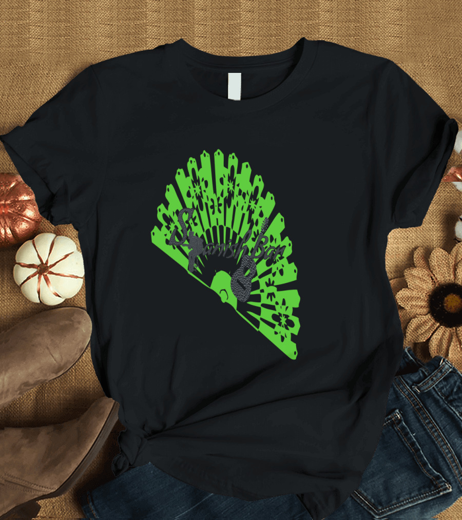 Spanish Bar Green Fan Floral Black Script T-Shirt