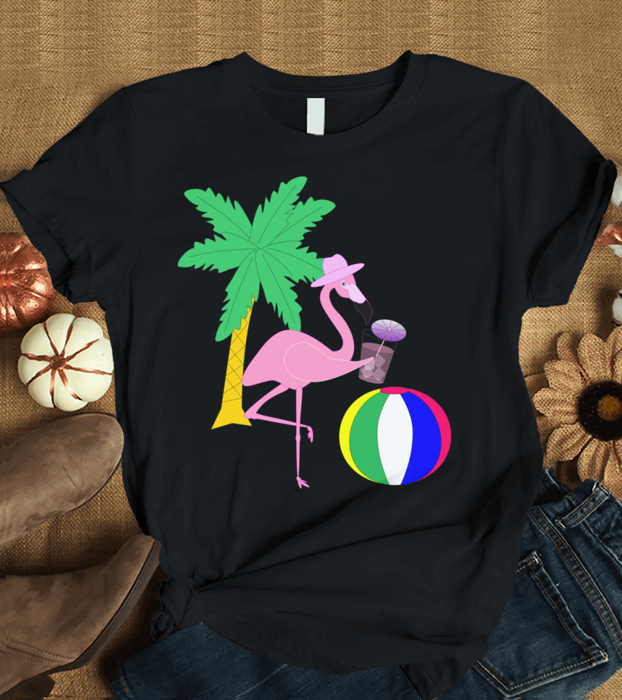 Playful Vacation Flamingo with Beach Ball and Palm Tree T-Shirt