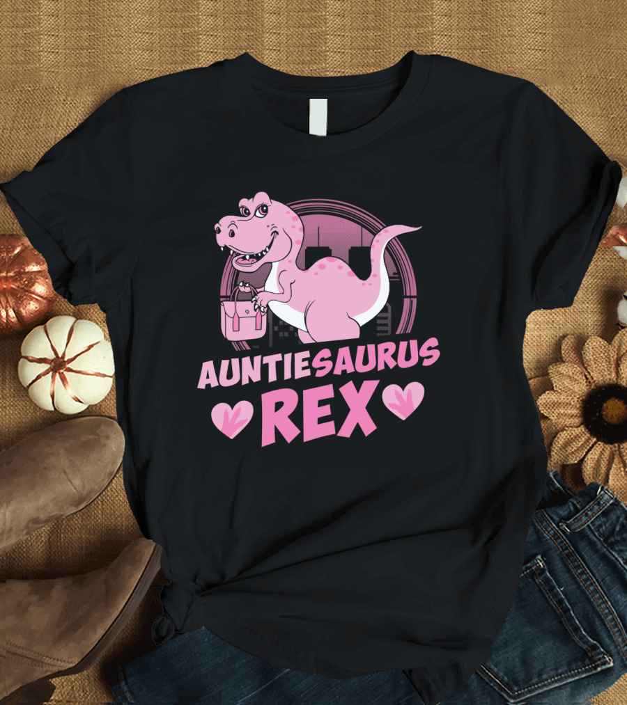 Auntiesaurus Rex Pink Dinosaur with Hearts and Handbag T-Shirt