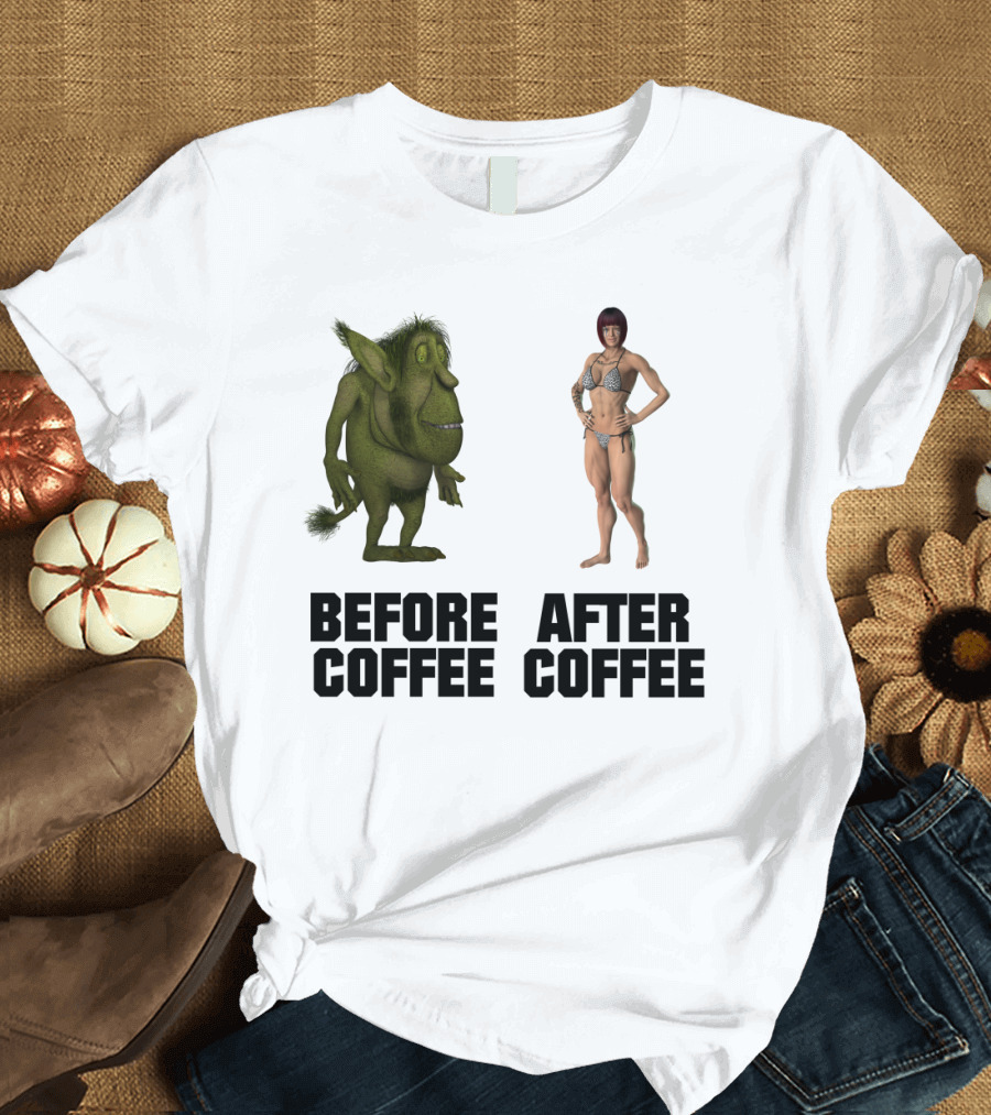 Before Coffee Green Cartoon Creature After Coffee Muscular Woman Transformation T-Shirt
