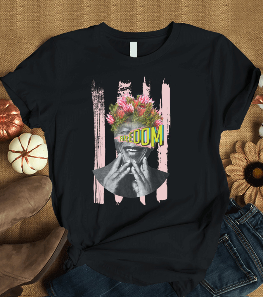 Freedom Madiba Father of South Africa with Floral Crown and Brush Strokes T-Shirt