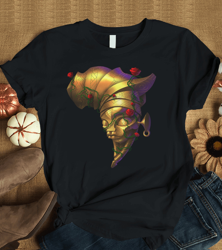 Golden African Mask with Red Roses and Vines T-Shirt