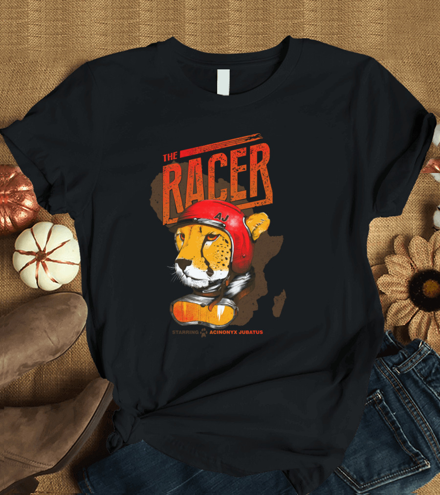 The Racer Starring AJ Acinonyx Jubatus in Red Helmet T-Shirt