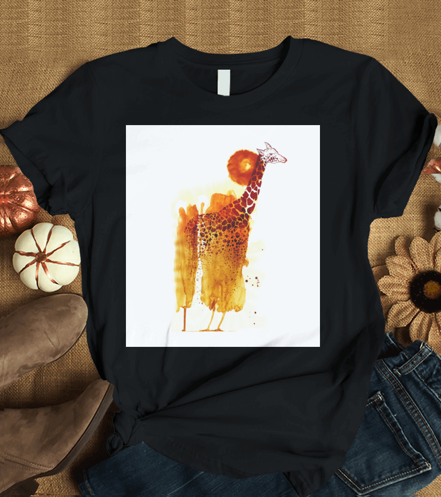 Giraffe Watercolor Art with Vibrant Orange Sun Behind T-Shirt