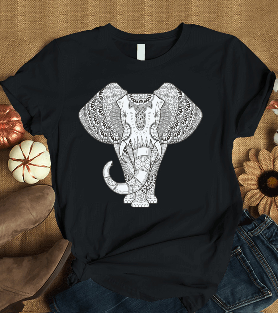 Intricate Mandala White Elephant T-Shirt