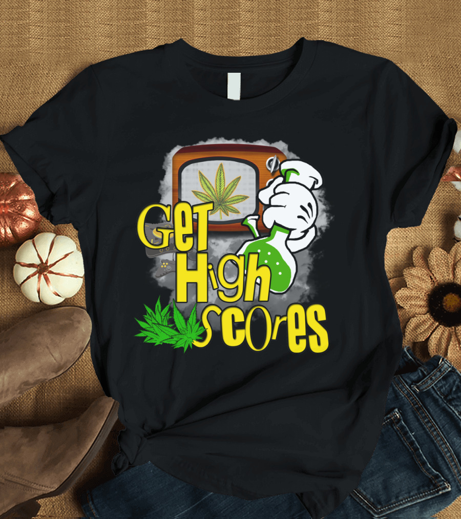Get High Scores Retro TV Gaming Cannabis Chemistry Visuals T-Shirt