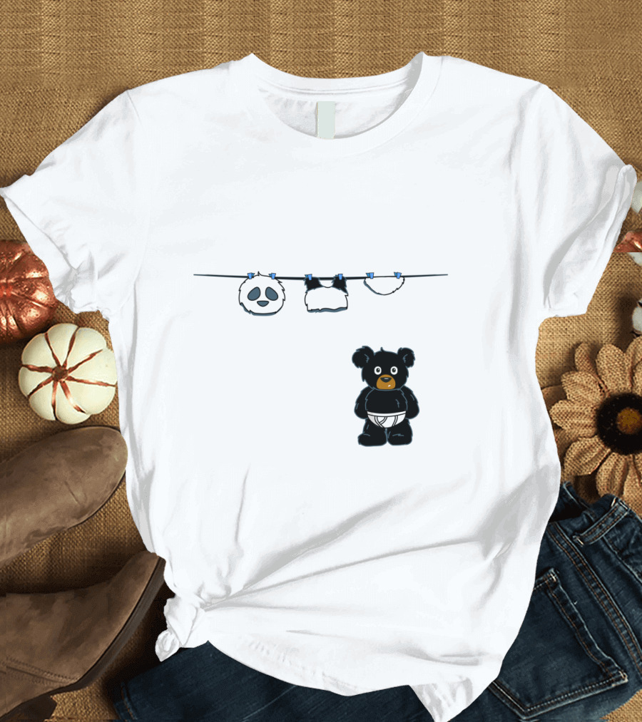 Black Bear Secret with Panda Mask Hanging on Clothesline T-Shirt