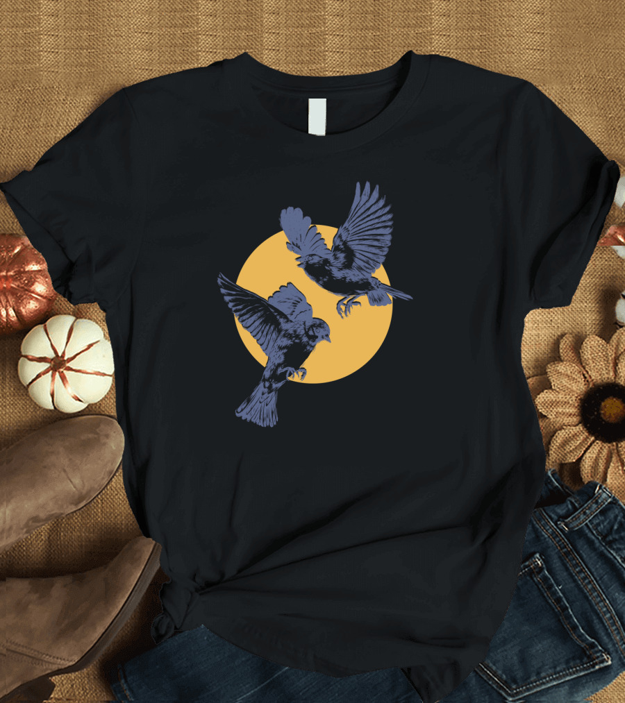 Sparrows Flying Against Yellow Moon Background T-Shirt