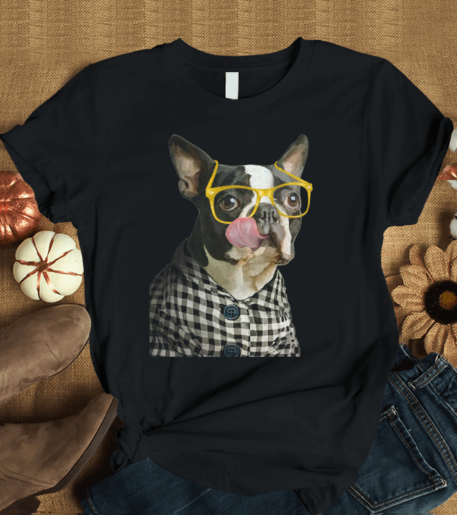 Bullgeek French Bulldog with Yellow Glasses Licking Nose in Black and White Checkered Jacket T-Shirt