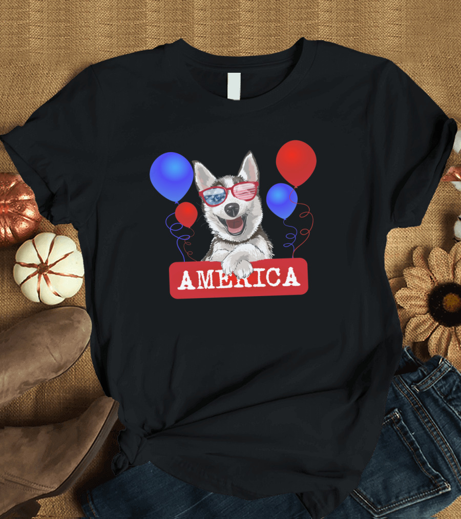 Patriotic Husky with Sunglasses and Balloons Celebrating America 4th of July T-Shirt