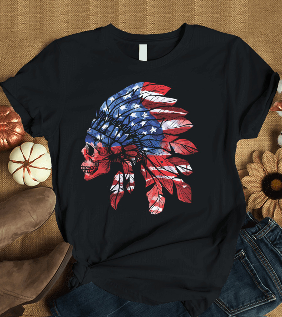 American Flag Skull with Patriotic Headdress T-Shirt