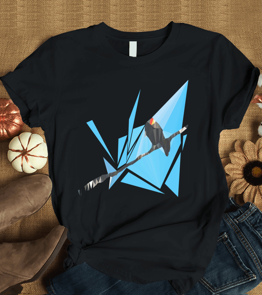 Geometric Bird on Wire with Abstract Blue Triangles T-Shirt