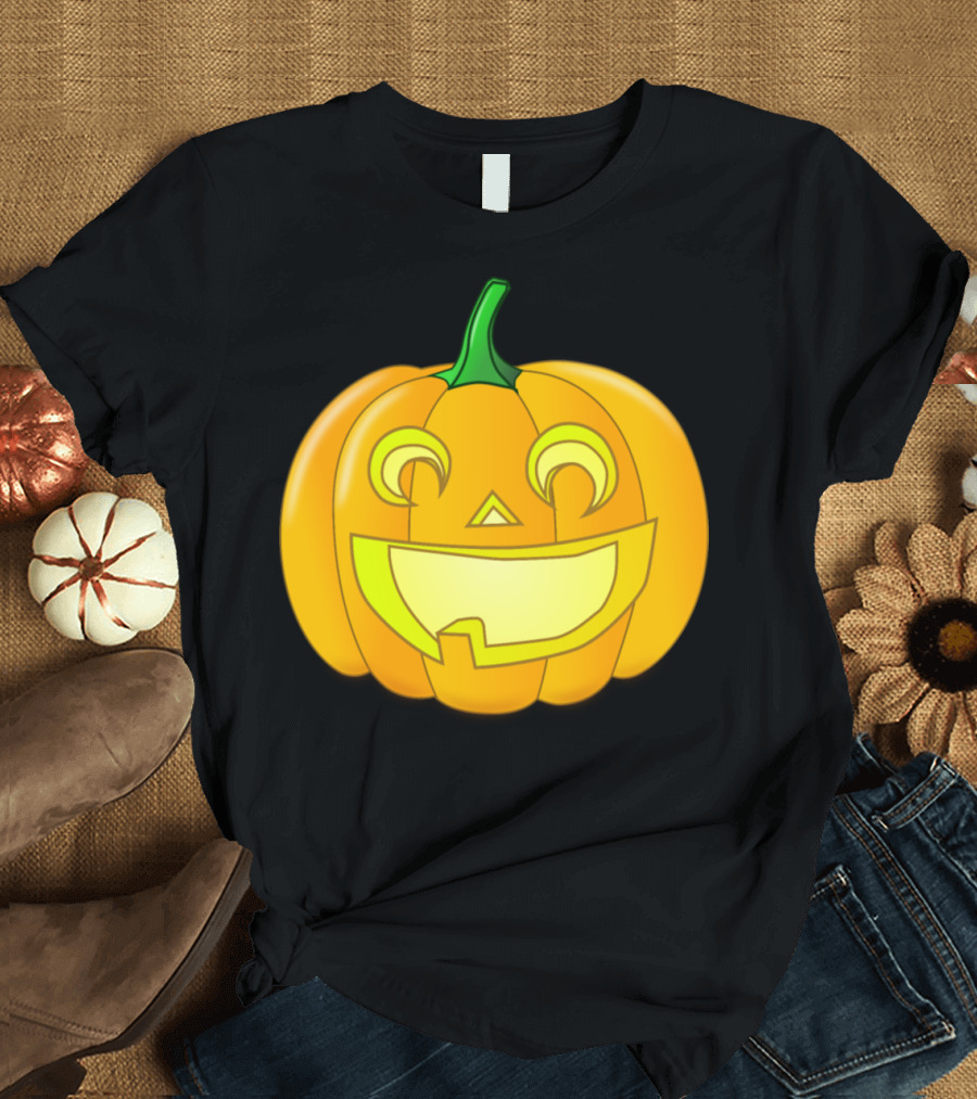Pumpkin Jack-O'-Lantern Smiling Face Illustration with Green Stem T-Shirt