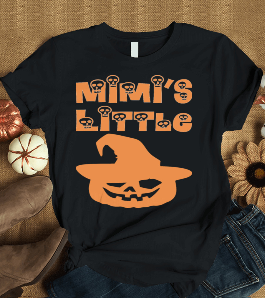 Mimi's Little Pumpkin Halloween Skull Lettering with Witch Hat and Grinning Jack-O'-Lantern T-Shirt
