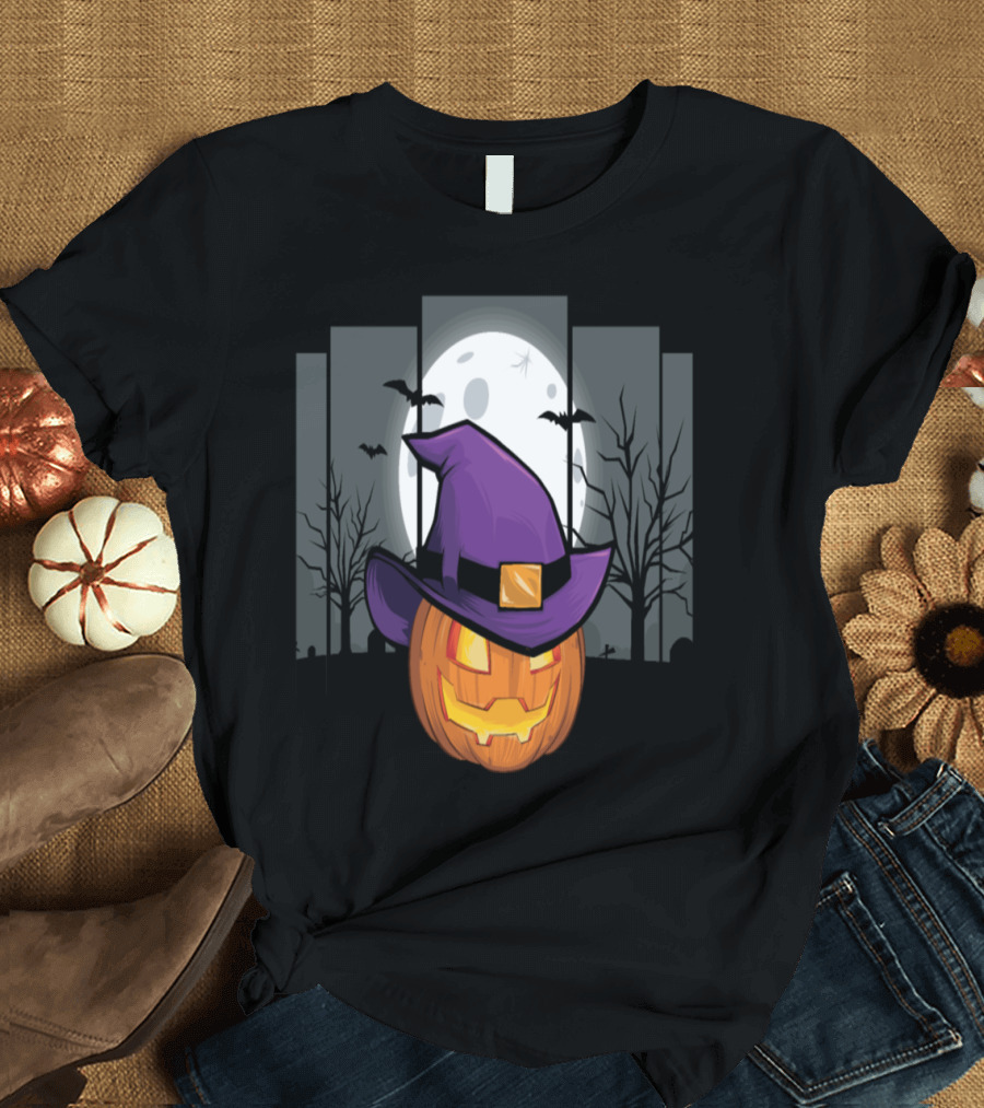 Halloween Pumpkin with Purple Witch Hat and Full Moon Background T-Shirt