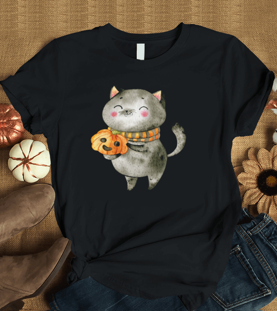 Hi There Pumpkin Cat Hugging Smiling Jack-O'-Lantern T-Shirt
