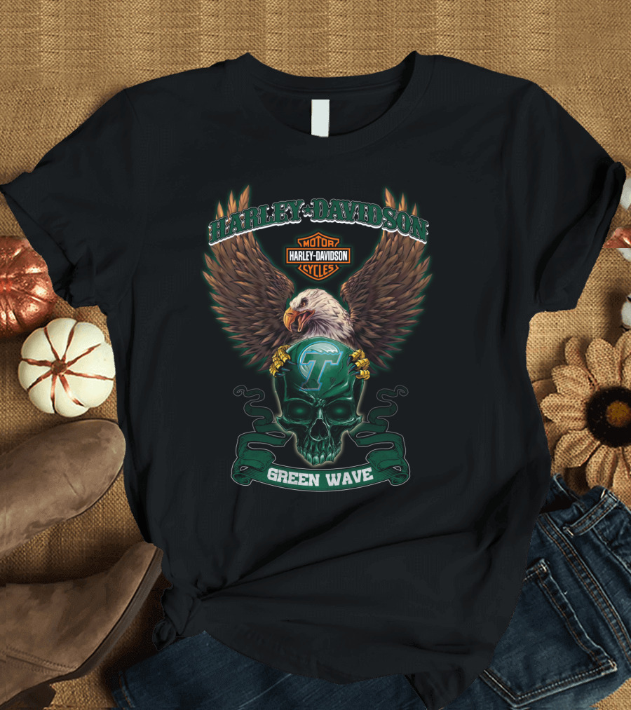 Harley Davidson Tulane Green Wave Eagle Skull T-Shirt