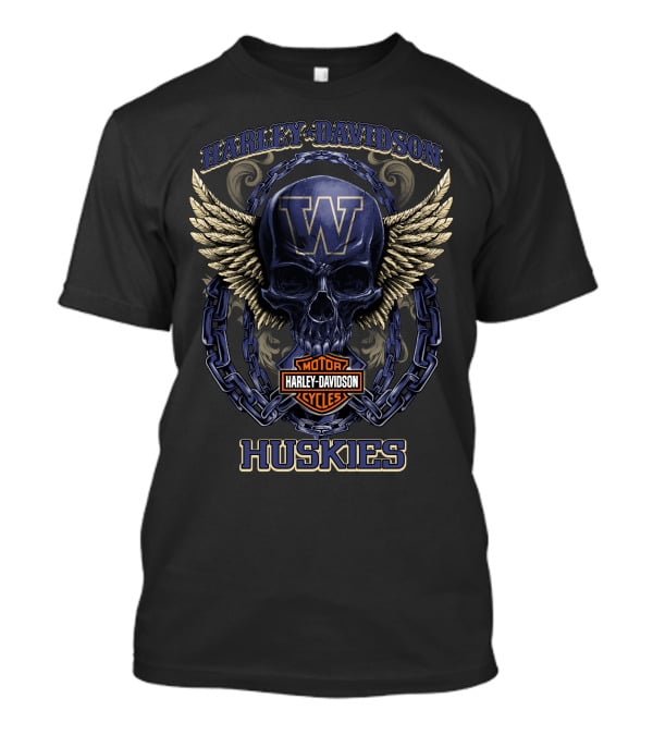 Harley Davidson Motor Cycles Washington Huskies Skull Wings Chain T-Shirt