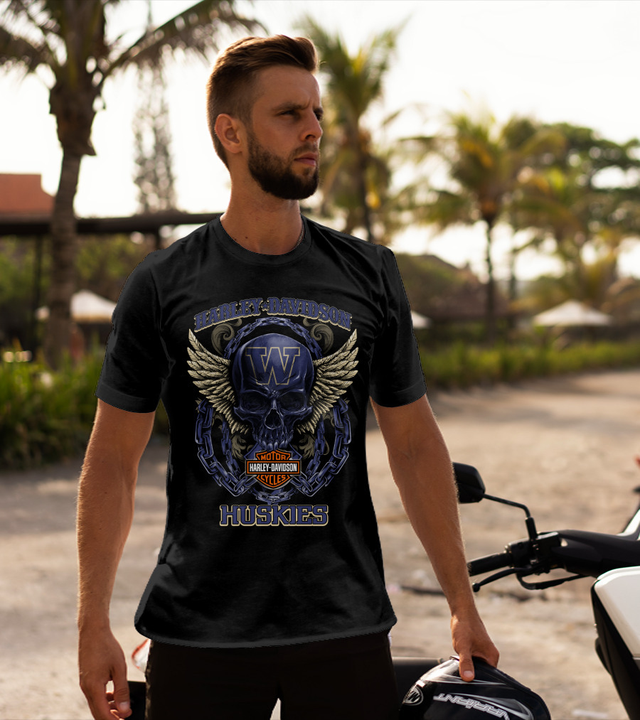 Harley Davidson Motor Cycles Washington Huskies Skull Wings Chain T-Shirt