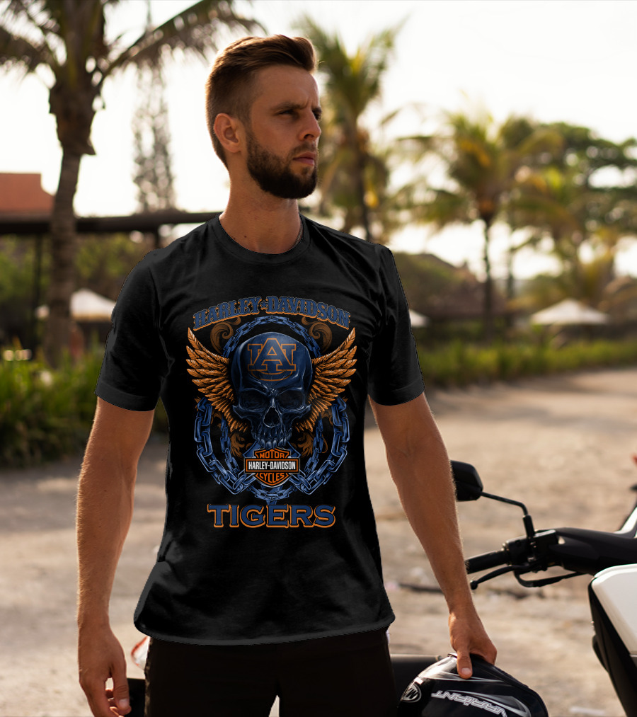Harley Davidson Auburn Tigers Skull Wings Motor Cycles T-Shirt