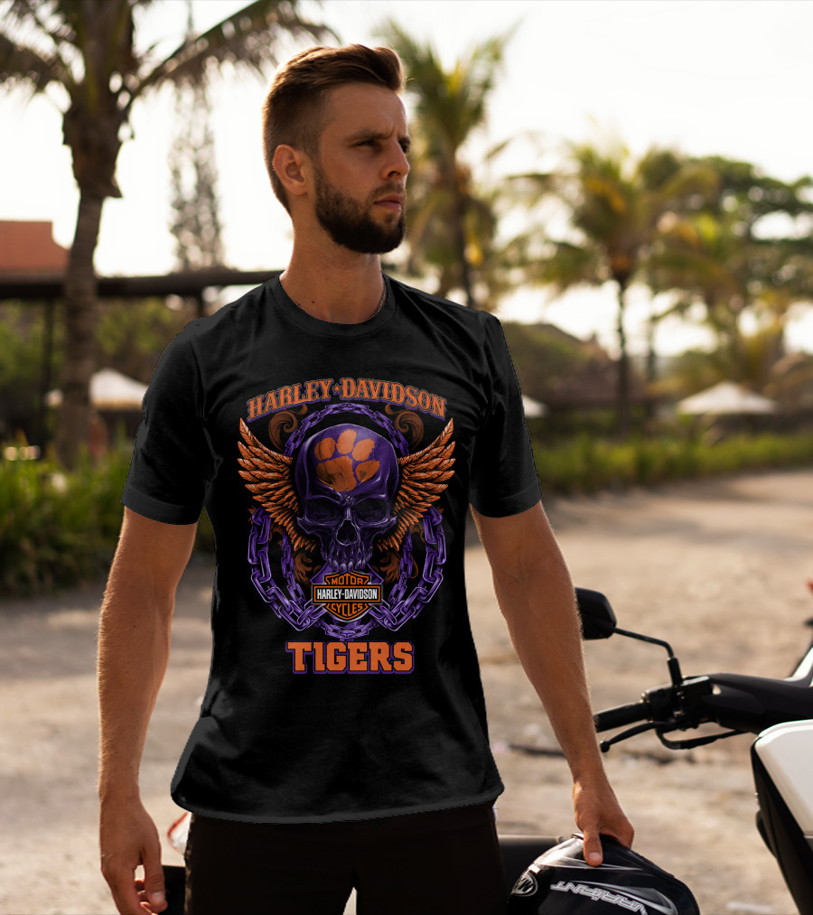 Harley Davidson Motor Cycles Tigers Skull Logo Clemson T-Shirt