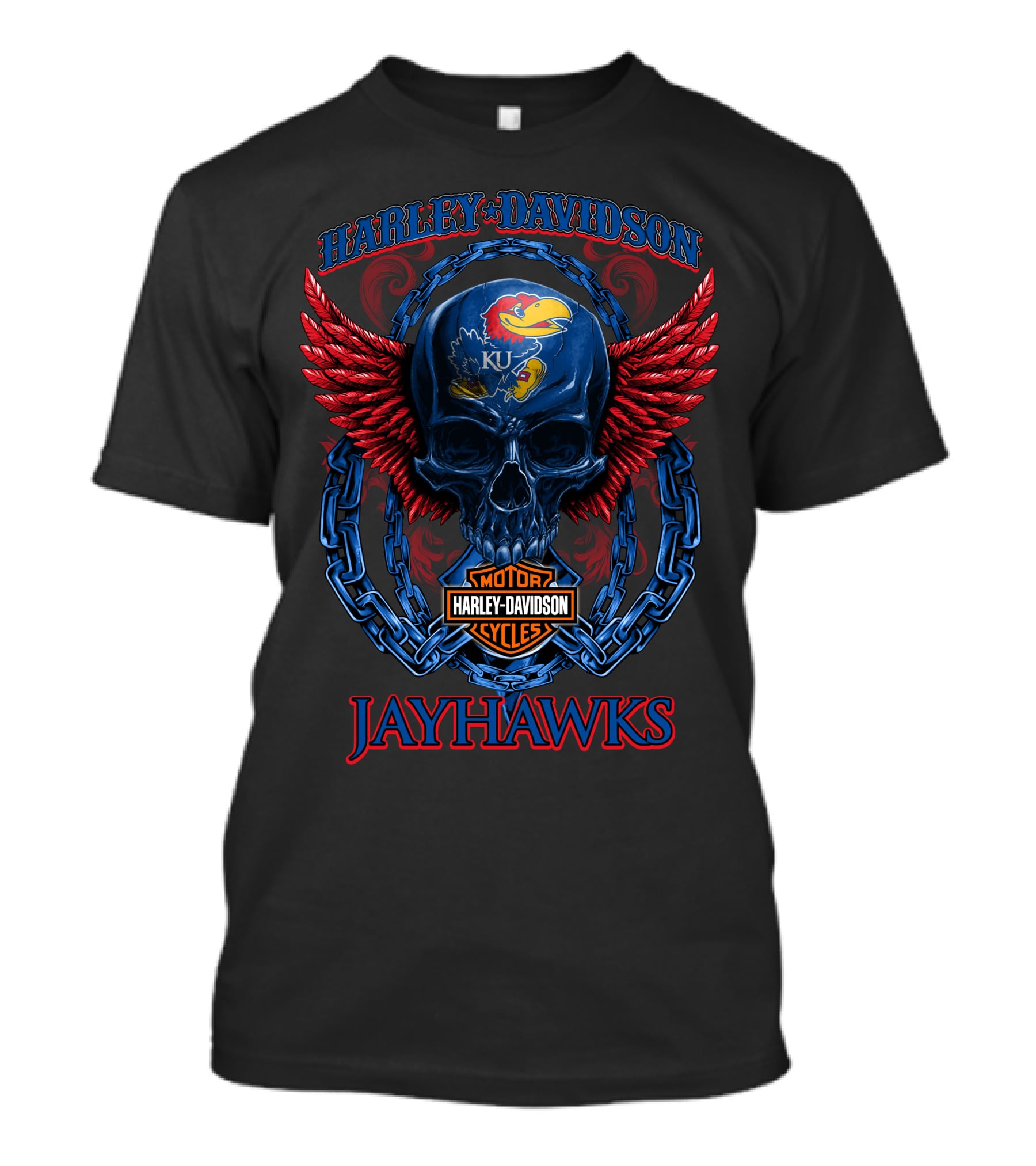 Harley Davidson Ku Jayhawks Skull Wings And Chains T-Shirt