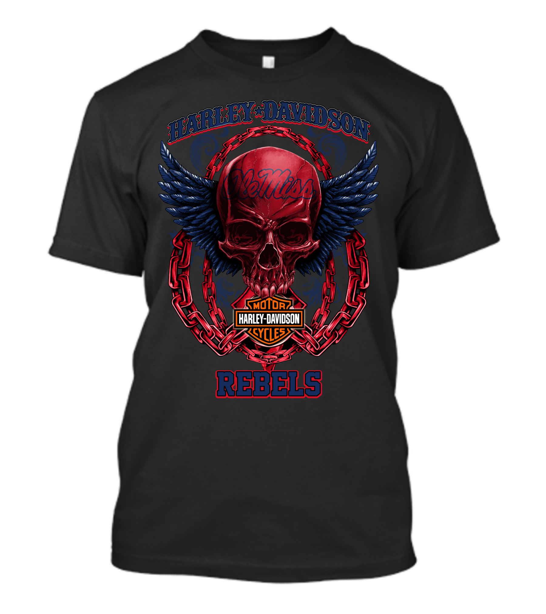 Harley Davidson Ole Miss Rebels Skull Wings Chains T-Shirt