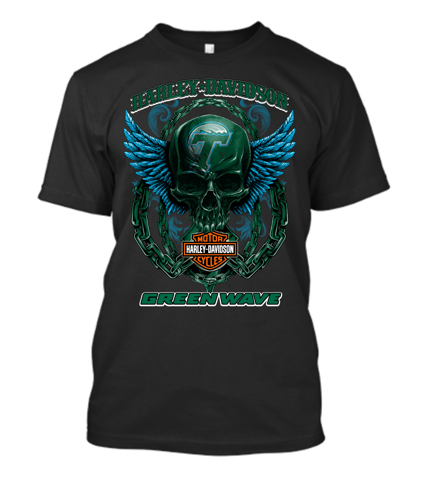 Harley Davidson Motorcycles Tulane Green Wave Skull Wings T-Shirt