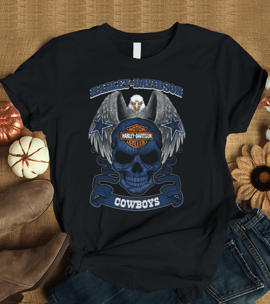 Harley Davidson Cowboys Skull Eagle Motor Cycles Stars T-Shirt