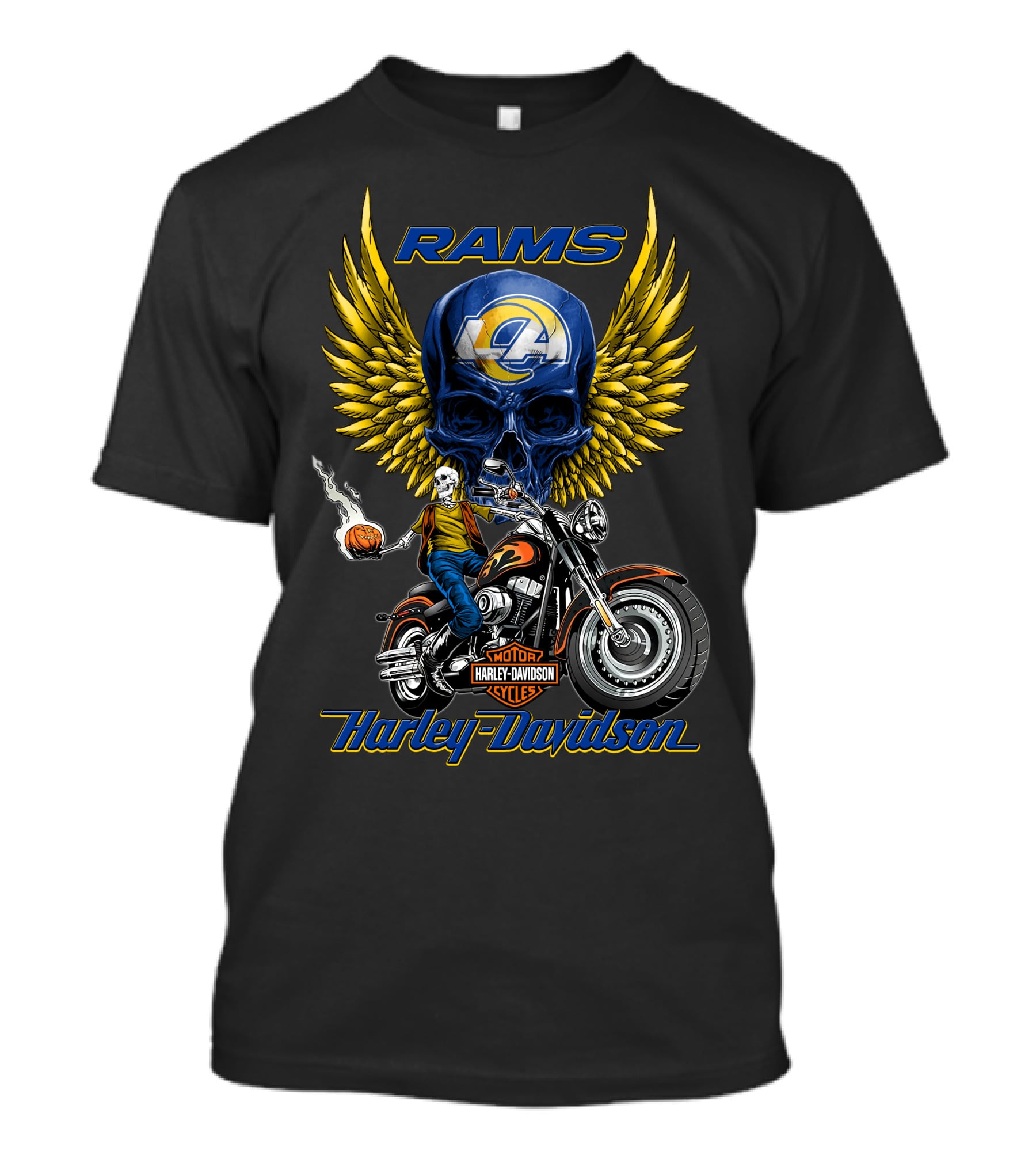 Harley Davidson Rams Skull With Los Angeles Nfl Motorcycle And Flaming Ball T-Shirt
